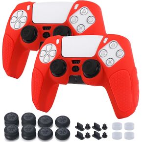 Non-Slip Protective Skins for PS5 Controller x 2(Red) with Thumb Grips x 8, Plugs x 8, Anolog Protectors x 4