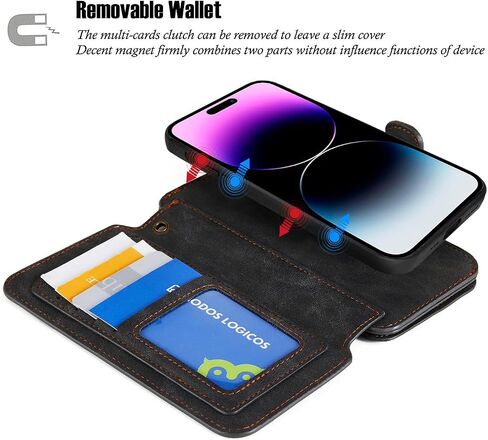 MODOS LOGICOS Case for iPhone 11, [Detachable Wallet Folio][2 in 1][Zipper Cash Storage][Up to 14 Card Slots 1 Photo Window] PU Leather Purse with Removable Inner Magnetic TPU Case - Black in Kuwait