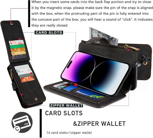 MODOS LOGICOS Case for iPhone 11, [Detachable Wallet Folio][2 in 1][Zipper Cash Storage][Up to 14 Card Slots 1 Photo Window] PU Leather Purse with Removable Inner Magnetic TPU Case - Black in Kuwait