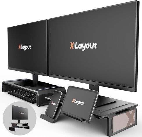 حامل شاشة مزدوج، حامل شاشة X-Central قابل للطي لشاشتين، حامل كمبيوتر محمول قابل للتعديل، منظم سطح المكتب مع دوار، محور USB 3.0 يدعم نقل البيانات والشحن، ضوء RGB، لوحة مفاتيح in Kuwait