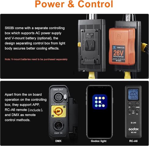 مصباح كشاف Godox S60 LED مع Barndoor، 60W 5600K 40000Lux@1M LED ضوء ساطع، CRI 96+ TLCI 97+ سطوع 0-100% تحكم في التطبيق مع جهاز تحكم عن بعد RC-A6 in Saudi Arabia