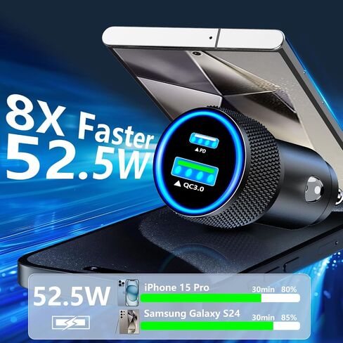 【معتمد من MFi】شاحن سيارة سريع iPhone، GEONAV 52.5W USB-C&USB-A ولاعة سجائر طاقة السيارة PD/QC Type-C شحن سريع للسيارة + كابل مجدول من النوع C لهاتف iPhone 15/15 Pro Max/Galaxy S24/S23/Pixel / آي باد برو in Saudi Arabia