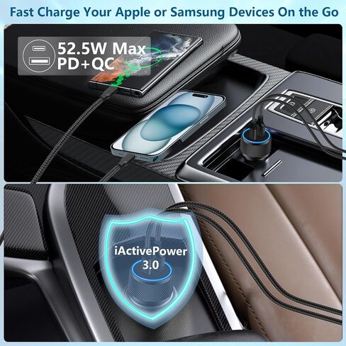 【معتمد من MFi】شاحن سيارة سريع iPhone، GEONAV 52.5W USB-C&USB-A ولاعة سجائر طاقة السيارة PD/QC Type-C شحن سريع للسيارة + كابل مجدول من النوع C لهاتف iPhone 15/15 Pro Max/Galaxy S24/S23/Pixel / آي باد برو in Saudi Arabia