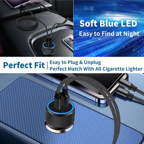 【معتمد من MFi】شاحن سيارة سريع iPhone، GEONAV 52.5W USB-C&USB-A ولاعة سجائر طاقة السيارة PD/QC Type-C شحن سريع للسيارة + كابل مجدول من النوع C لهاتف iPhone 15/15 Pro Max/Galaxy S24/S23/Pixel / آي باد برو in Saudi Arabia