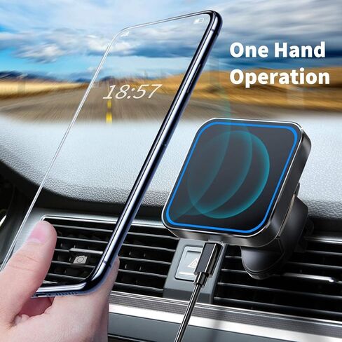 شاحن سيارة لاسلكي مغناطيسي - شاحن لاسلكي متوافق مع MagSafe - حامل بفتحة تهوية مع مصدر طاقة متضمن لهاتف iPhone 14، 13، 12 - شاحن تثبيت مغناطيسي للسيارة in Kuwait