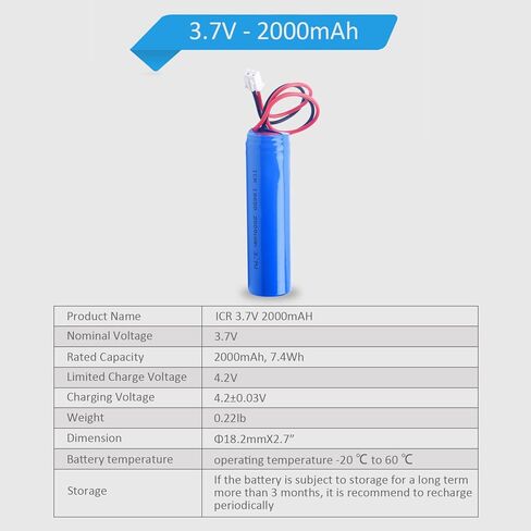 بطارية ليبو 3.7 فولت 2000 مللي أمبير في الساعة قابلة لإعادة الشحن مع سلك وموصل JST، بطارية ICR18650 2000 مللي أمبير في الساعة 3.7 فولت بطاريات بديلة للإلكترونيات والألعاب والإضاءة والمعدات in Kuwait