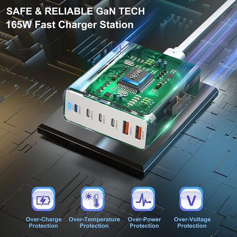 شاحن سريع USB C بقدرة 165 وات، محول طاقة Agtray 6 منافذ USB C PD/QC للشحن السريع GaN متعدد المنافذ لسطح المكتب ومحول طاقة للسفر متوافق مع MacBook/iPad Pro Air وiPhone 15 14 وGalaxy S24 in Kuwait