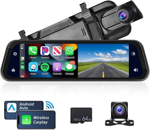 Wireless Apple Carplay Mirror Dash Cam, 9.66" Front and Rear View Camera for Cars and Trucks with Android Auto IPS Touchscreen Support DVR,Bluetooth,Night Vision,FM/AUX, Loop Recording +64G TF Card in Saudi Arabia