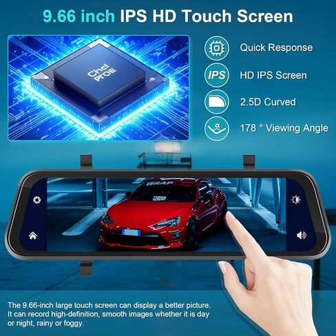 Wireless Apple Carplay Mirror Dash Cam, 9.66" Front and Rear View Camera for Cars and Trucks with Android Auto IPS Touchscreen Support DVR,Bluetooth,Night Vision,FM/AUX, Loop Recording +64G TF Card in Saudi Arabia