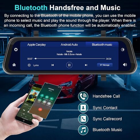Wireless Apple Carplay Mirror Dash Cam, 9.66" Front and Rear View Camera for Cars and Trucks with Android Auto IPS Touchscreen Support DVR,Bluetooth,Night Vision,FM/AUX, Loop Recording +64G TF Card in Saudi Arabia