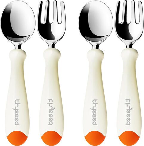 مجموعة ملاعق شوكة لأواني الأطفال الصغار من Thyseed، أدوات مائدة للتغذية الذاتية للأطفال مع حافظة من الفولاذ المقاوم للصدأ باللون البرتقالي in Kuwait