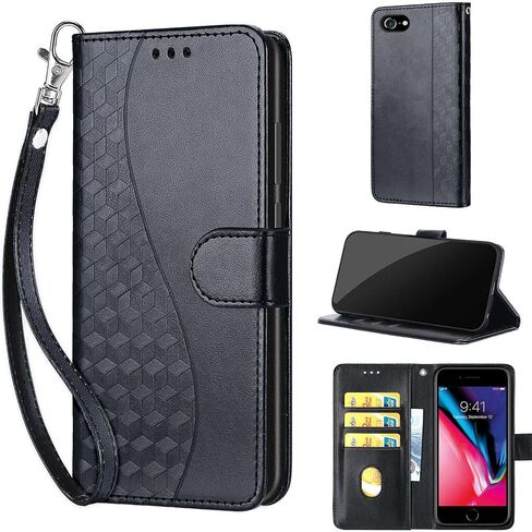 for iPhone SE 2020/SE 2022/iPhone 8/iPhone 7 Case Wallet,Women Flip Folio Cover with Embossed PU Leather Card Holders Slots Wrist Strap Phone Case for iPhone 7/8/SE 2nd 3rd Gen (Black Cube) in Kuwait