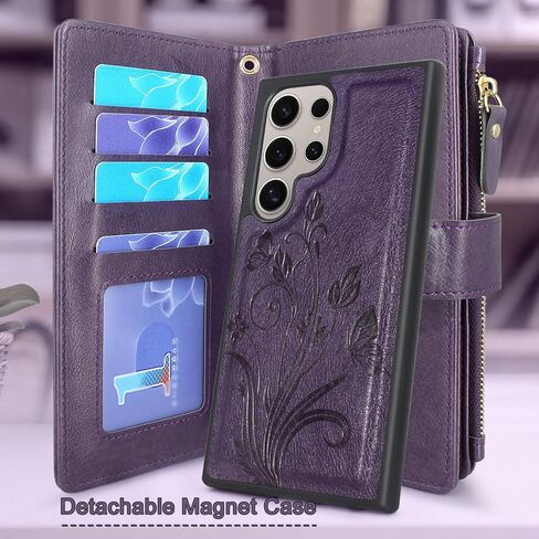 Lacass Case Wallet for Samsung Galaxy S24 Ultra 6.8 inch 2024, [12 Card Slots] ID Credit Cash Holder Zipper Pocket Detachable Leather Wallet Cover with Wrist Strap Lanyard（Floral Blue Purple） in Saudi Arabia