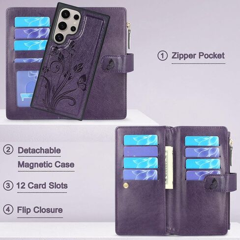 Lacass Case Wallet for Samsung Galaxy S24 Ultra 6.8 inch 2024, [12 Card Slots] ID Credit Cash Holder Zipper Pocket Detachable Leather Wallet Cover with Wrist Strap Lanyard（Floral Blue Purple） in Saudi Arabia