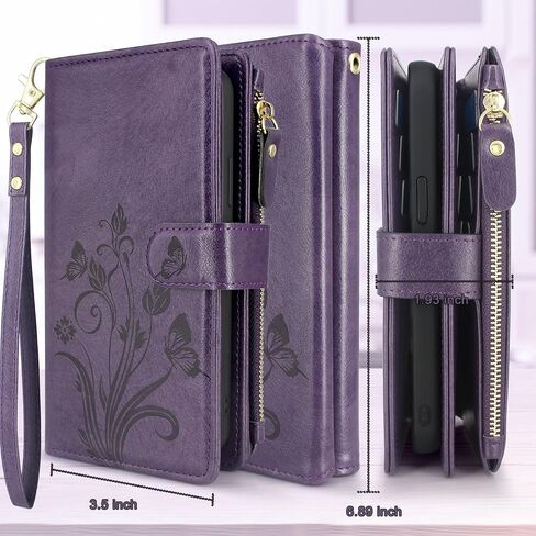 Lacass Case Wallet for Samsung Galaxy S24 Ultra 6.8 inch 2024, [12 Card Slots] ID Credit Cash Holder Zipper Pocket Detachable Leather Wallet Cover with Wrist Strap Lanyard（Floral Blue Purple） in Saudi Arabia