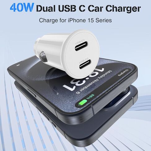 Car Charger for iPhone 15, 40W Dual USB C Car Charger Cigarette Lighter with 2 Pack 3FT USB C to USB C Cable Fast Charging Compatible for iPhone 15 Pro/15 Pro Max, iPad Pro/Air/Mini-White in Saudi Arabia