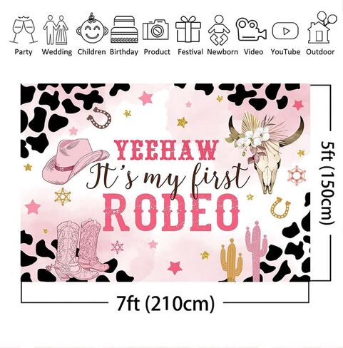 Mocsicka Western Cowgirl Birthday Backdrop My First Rodeo Birthday Decorations Girl Pink Western Country Cowgirl 1st Birthday Banner Photography Background Photo Booth Props(Pink, 7x5ft) in Saudi Arabia