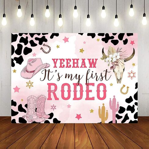 Mocsicka Western Cowgirl Birthday Backdrop My First Rodeo Birthday Decorations Girl Pink Western Country Cowgirl 1st Birthday Banner Photography Background Photo Booth Props(Pink, 7x5ft) in Saudi Arabia