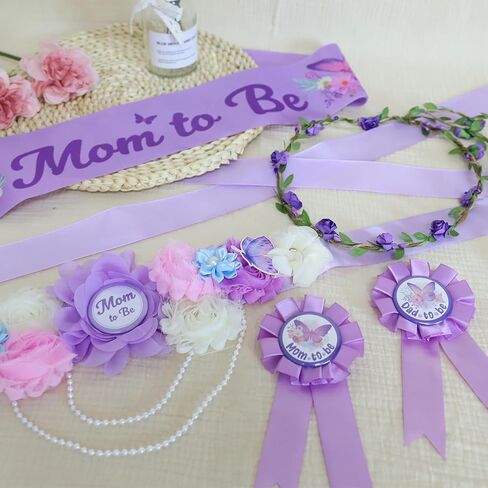5 قطع فراشة موضوع أمي لتكون وشاح زينة استحمام الطفل مع زهرة الأمومة وشاح الأب ليكون دبوس تاج زهرة أرجوانية للجنسين يكشف عن هدايا الحفلات للفتيات دعائم حفلات الحمل هدية تذكار in Kuwait