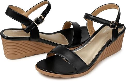 صنادل نسائية من SHIBEVER بكعب عريض مريح: صندل بحزام للكاحل بإبزيم - صنادل سوداء للنساء - مقاس صيفي أنيق 10 in Kuwait