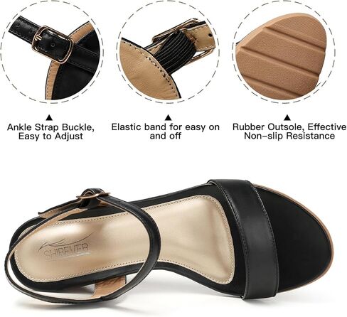 صنادل نسائية من SHIBEVER بكعب عريض مريح: صندل بحزام للكاحل بإبزيم - صنادل سوداء للنساء - مقاس صيفي أنيق 10 in Kuwait
