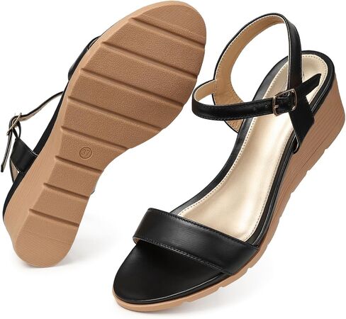 صنادل نسائية من SHIBEVER بكعب عريض مريح: صندل بحزام للكاحل بإبزيم - صنادل سوداء للنساء - مقاس صيفي أنيق 10 in Kuwait