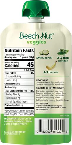 Beech-Nut Baby Food Pouches, Zucchini Spinach & Banana Veggie Puree Baby & Toddler Food, 3.5 oz (12 Pack) in Saudi Arabia