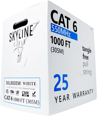 Skyline Cat 6 23 AWG 550 Mhz كبل شبكة إيثرنت نحاسي عاري صلب - تصنيف CMR (صندوق سحب 1000 قدم / أبيض) in Kuwait