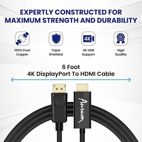 4K DisplayPort to HDMI Cable 6ft, DP to HDMI Male Video UHD Uni-Directional Adapter, 4K@30Hz, 1080P@120Hz, 3840 x 2160 Gold Plated Connector, Compatible with Dell, HP, Lenovo, Black in Saudi Arabia