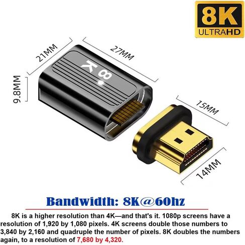 Cablecc HDMI 2.1 8K Type-A ذكر إلى أنثى محول فيديو موصل مستقيم مغناطيسي لأجهزة الكمبيوتر المحمول HDTV in Saudi Arabia
