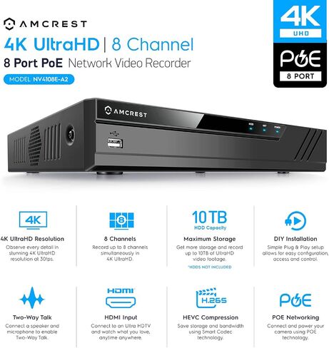 Amcrest 4K Security Camera System, 4K 8CH PoE NVR, (4) x 4K Night Color Bullet POE IP Cameras, Active Deterrent, Pre-Installed 2TB Hard Drive, NV4108E-2796EB4-2TB (Black) in Saudi Arabia