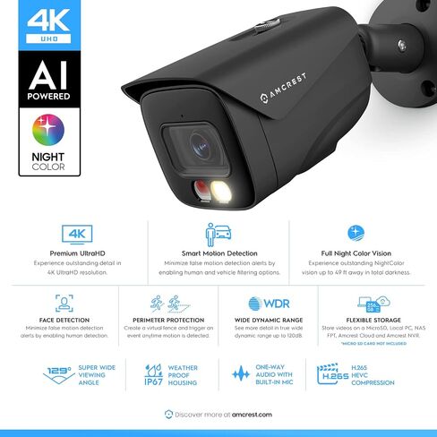 Amcrest 4K Security Camera System, 4K 8CH PoE NVR, (4) x 4K Night Color Bullet POE IP Cameras, Active Deterrent, Pre-Installed 2TB Hard Drive, NV4108E-2796EB4-2TB (Black) in Saudi Arabia