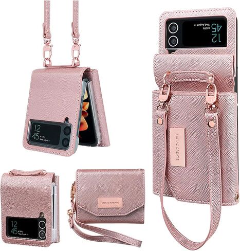 for Samsung Galaxy Z Flip 3 Wallet Case with Built-in Leather Cash Slot and Credit Card Holder. Wristlet Strap and Hinge Protection, Carrying Handbag Phone Case for Women Ladies.(Black) in Saudi Arabia
