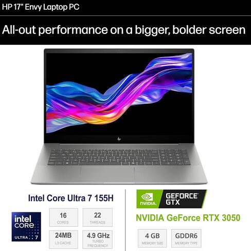 HP Envy Laptop, 17.3" FHD Touchscreen, Intel Core Ultra 7 155H, NVIDIA GeForce RTX 3050, 64GB DDR5 RAM, 8TB SSD, HDMI, Thunderbolt 4, IR camera, Wi-Fi 7, Windows 11 Home, Grey in Saudi Arabia