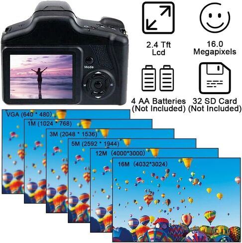كاميرا رقمية، كاميرا صور 16 ميجابكسل، كاميرا SLR رقمية صغيرة، مستشعر CMOS 2.4 بوصة TFT LCD مدمج مع بطاقة SD سعة 32 جيجابايت، حامل بطاقات، قارئ بطاقات، فيديو تكبير رقمي 16X للأطفال المبتدئين والبالغين in Kuwait