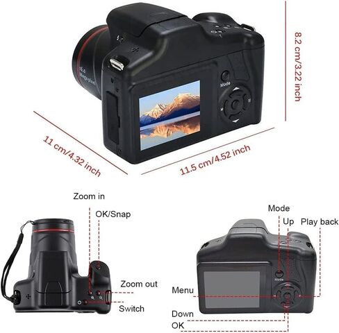 كاميرا رقمية، كاميرا صور 16 ميجابكسل، كاميرا SLR رقمية صغيرة، مستشعر CMOS 2.4 بوصة TFT LCD مدمج مع بطاقة SD سعة 32 جيجابايت، حامل بطاقات، قارئ بطاقات، فيديو تكبير رقمي 16X للأطفال المبتدئين والبالغين in Kuwait