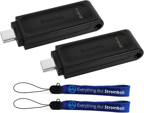 Kingston 2 Pack DataTraveler 70 64GB محرك أقراص فلاش محمول خفيف الوزن لأجهزة الكمبيوتر المحمولة وأجهزة الكمبيوتر المحمولة وأجهزة الكمبيوتر اللوحية والهواتف المتوافقة مع USB من النوع C (DT70/64GB) حزمة مع 2 كل شيء ما عدا حبال سترومبولي in Saudi Arabia
