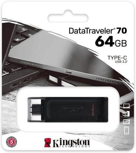 Kingston 2 Pack DataTraveler 70 64GB محرك أقراص فلاش محمول خفيف الوزن لأجهزة الكمبيوتر المحمولة وأجهزة الكمبيوتر المحمولة وأجهزة الكمبيوتر اللوحية والهواتف المتوافقة مع USB من النوع C (DT70/64GB) حزمة مع 2 كل شيء ما عدا حبال سترومبولي in Saudi Arabia