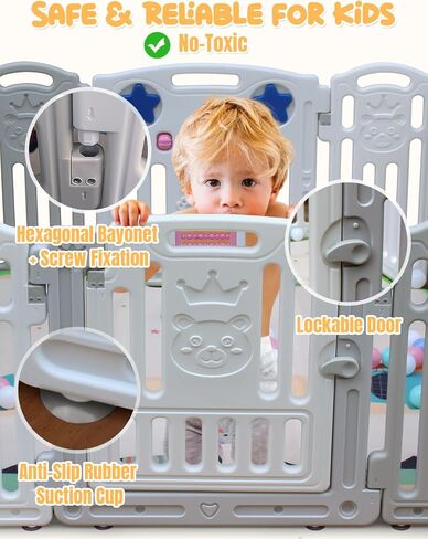 Baby Playpen, 18-Panel Play Yard for Babies Safety, Custom Shape & Lockable Gates & Anti-Slip Rubber Bases, Portable Toddlers Fence with Ocean Ball Floor Mat, 66" x 66" in Kuwait