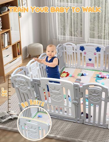 Baby Playpen, 18-Panel Play Yard for Babies Safety, Custom Shape & Lockable Gates & Anti-Slip Rubber Bases, Portable Toddlers Fence with Ocean Ball Floor Mat, 66" x 66" in Kuwait