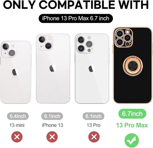 حافظة Hython لهاتف iPhone 13 Pro Max مع حامل حلقي [حامل حلقي قابل للدوران 360 درجة ومسند مغناطيسي] [حافة مطلية باللون الذهبي الوردي] غطاء ناعم نحيف من مادة TPU حافظة هاتف واقية فاخرة للنساء والرجال، أسود in Kuwait