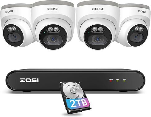 كاميرا ZOSI 4 Pack 5MP 3K إضافية على شكل قبة POE مع كابل، كاميرا IP داخلية وخارجية 2880 × 1620، رؤية ليلية 80 قدمًا، عدسة 3.6 مم، زاوية رؤية 95 درجة، IP66 مقاومة للطقس (تعمل فقط مع ZOSI PoE NVR) in Kuwait