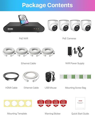 كاميرا ZOSI 4 Pack 5MP 3K إضافية على شكل قبة POE مع كابل، كاميرا IP داخلية وخارجية 2880 × 1620، رؤية ليلية 80 قدمًا، عدسة 3.6 مم، زاوية رؤية 95 درجة، IP66 مقاومة للطقس (تعمل فقط مع ZOSI PoE NVR) in Kuwait