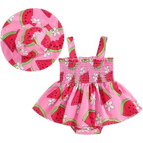 GOOCHEER Baby Girl Romper Sleeveless Ruched Tree/Watermelon Printed Bodysuit and Hat Newborn Infant Summer Clothes Outfit