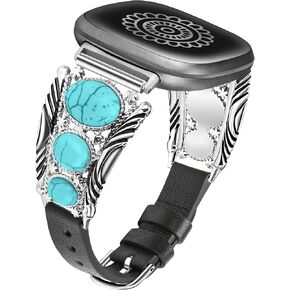 Minyee Leather Band Compatible with Fitbit Versa 4/Versa 3/Sense 2/Sense Band, Turquoise Watch Bands for Women, Vintage Bohemian Ethnic Antique Jewelry Style Strap for Versa 4