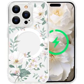 for iPhone 14 Pro Flower Case [Compatible with MagSafe] Cute Floral Pattern Magnetic Clear Shockproof [Hard PC Back Soft TPU Edge] Slim Cover for Girls Women, Hydrangea