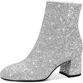Casual Glitter Ankle Boots for Women, Womens Mid-Calf Block Heel Dazzle Boots, Sparkly Rhinestone Zipper Dress Booties for Party Prom Wedding