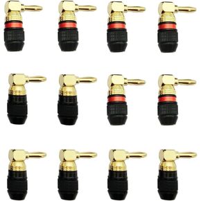 KCT 24K Real Gold Plating Right-Angle Speaker Banana Plugs Fast Lock 6 Pairs(6 red +6 Black) Quick Connect 90 Degree