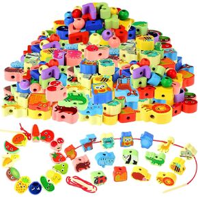 Shappy 93 PCS Wooden Lacing Beads Large Toddler Beads and Strings for Kids Educational Stringing Threading Lacing Beads Toys Stacking Block Toys STEM Montessori Toys Gifts for Kids Boys Girls Gift