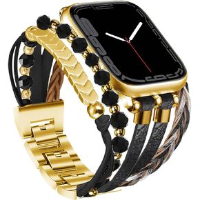 Leather Bracelet Compatible with Apple Watch Band 41mm 40mm 38mm 42mm 44mm 45mm Women, Boho iWatch Bands Dressy Jewelry Multilayer Wrap Straps for iWatch Series 9/8/7/6/5/4/3/2/1/SE